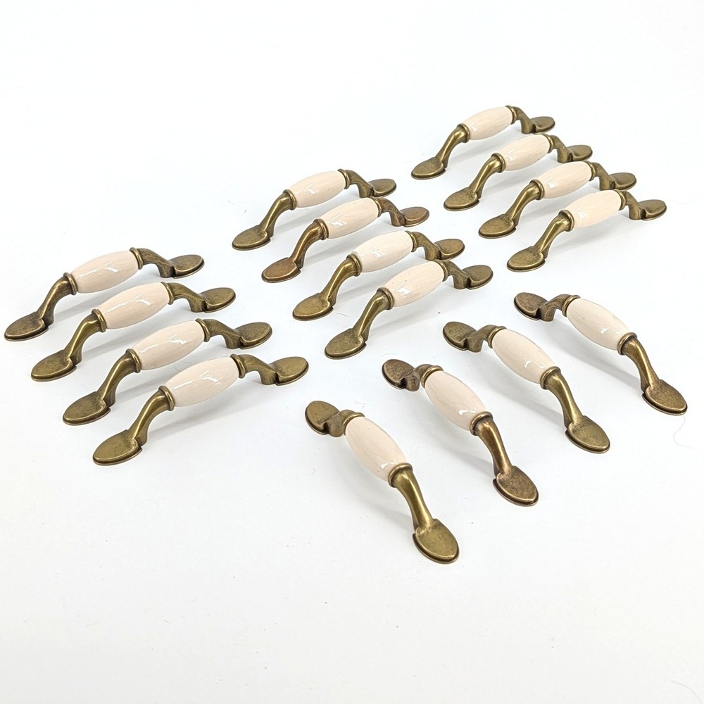15 Vintage Style Drawer Pulls Cream Ceramic Antique Brass Cabinet Handles 3" CC